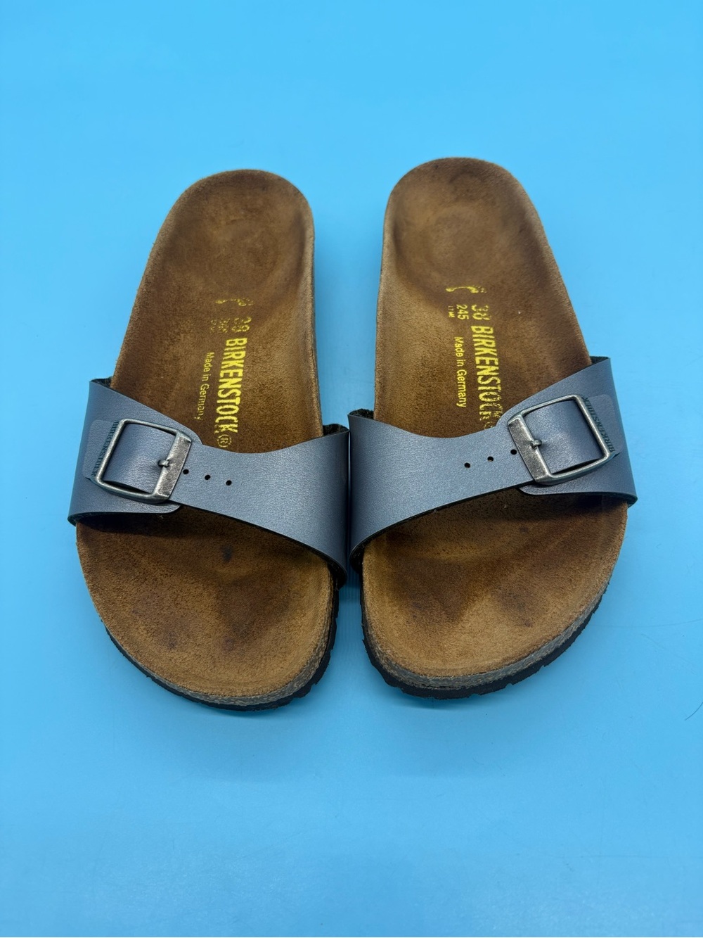 Birkenstock Madrid Slide Sandals - Metallic Blue Leather - Size 38 (US 7-7.5)